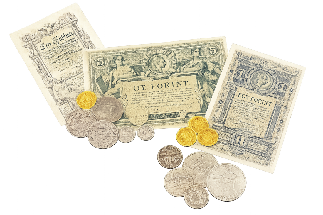 Régi magyar pénzek, bankjegyek és érmék — Ein Gulden, Öt Forint, Egy Forint